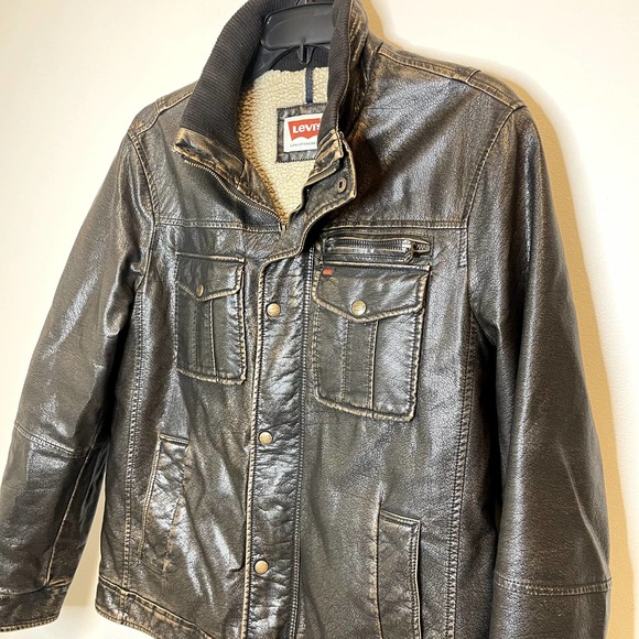 Levi's Mens Faux Leather Jacket with Sherpa Lining Brown Size Large - Picture 3 of 10
